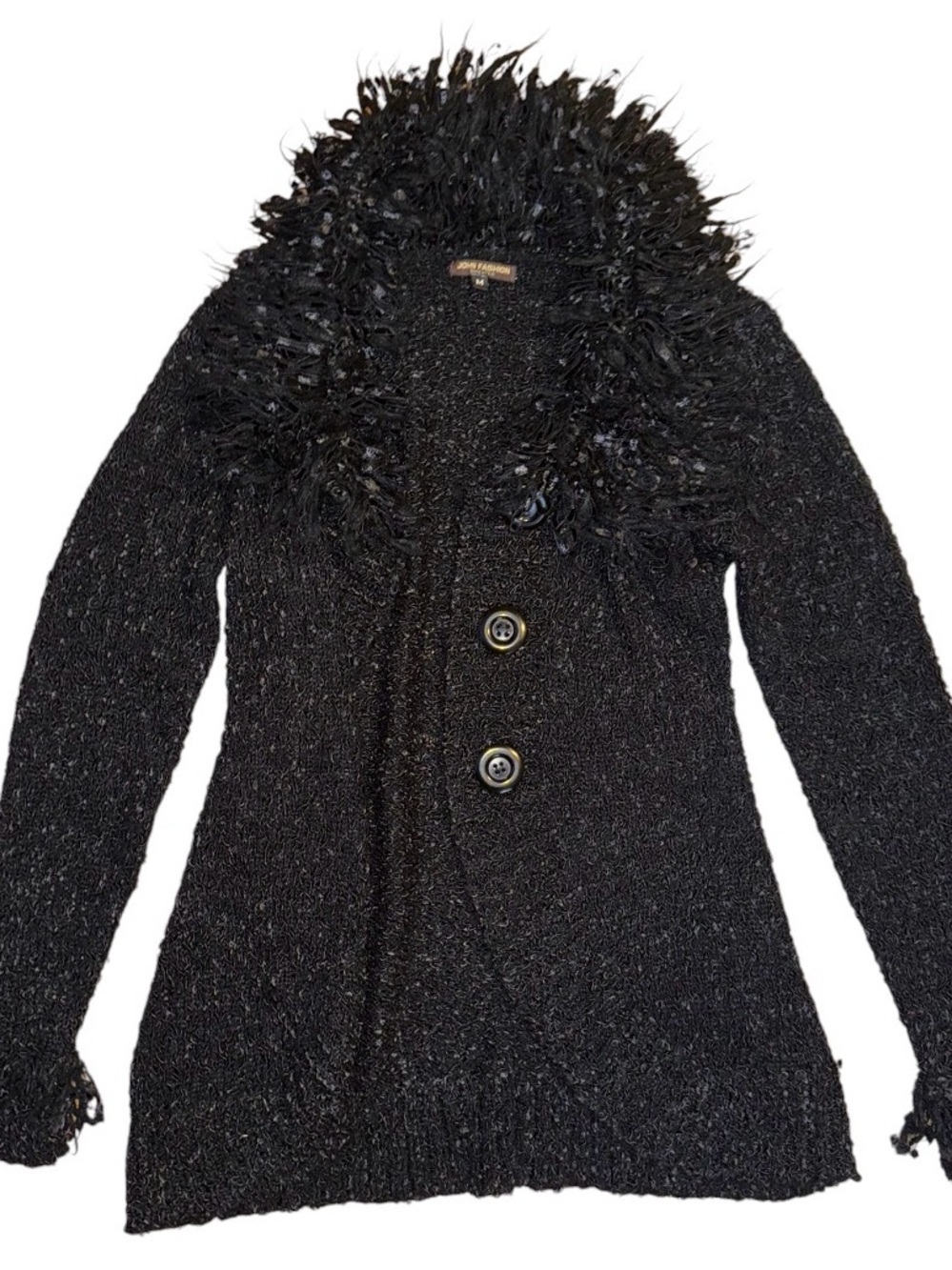 Black Textured Knit Cardigan with Faux-Fur Trim